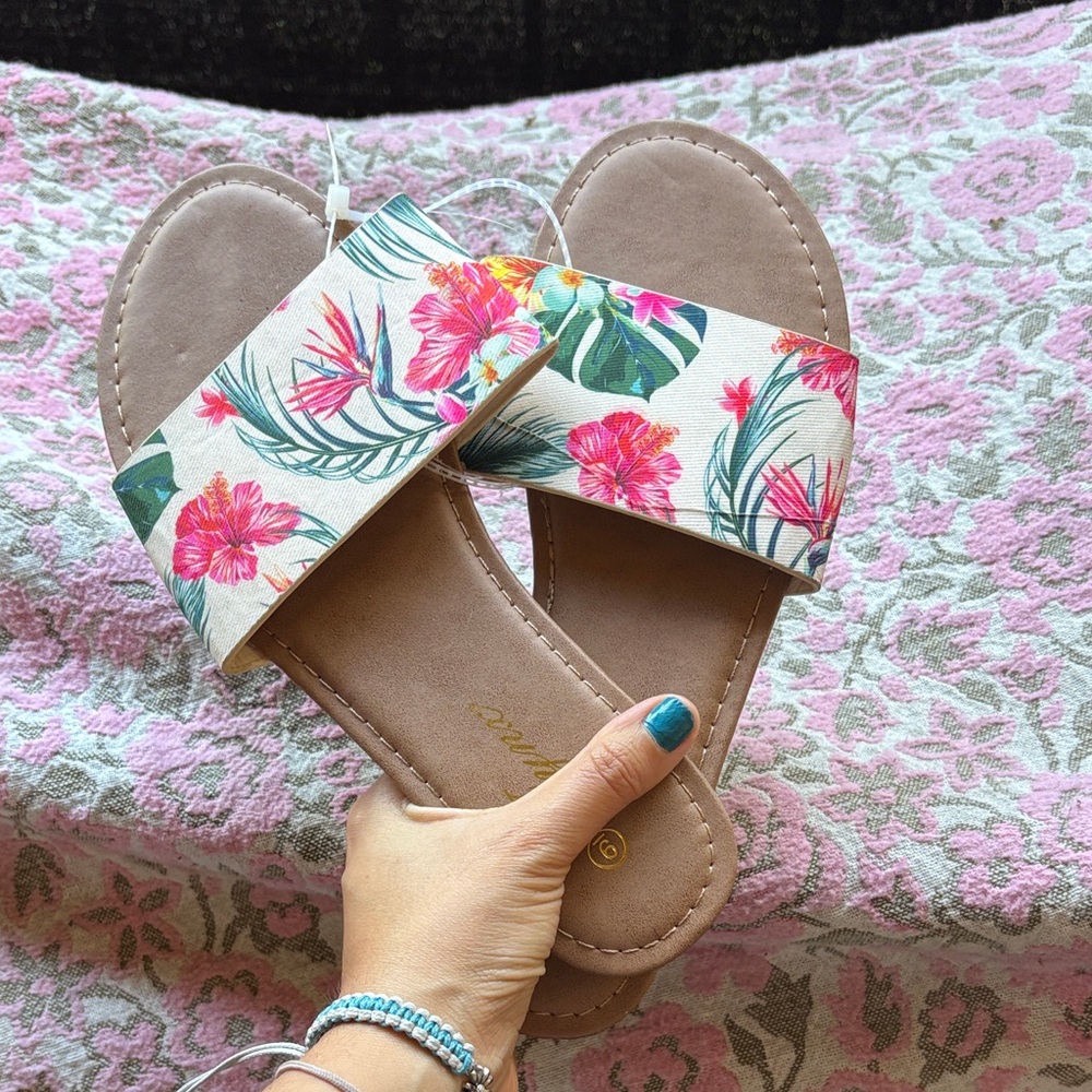 Floral Print Sandals - Tan and Pink